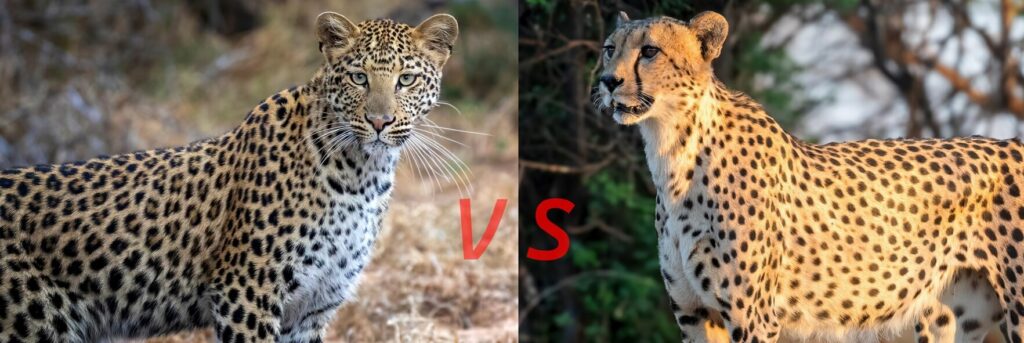 Side-by-side comparison of a leopard and a cheetah, highlighting their distinctive patterns