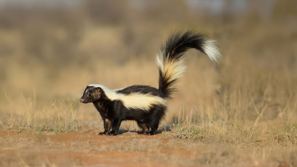 Striped polecat standing in grass with tail raised in Khamab Kalahari Reserve